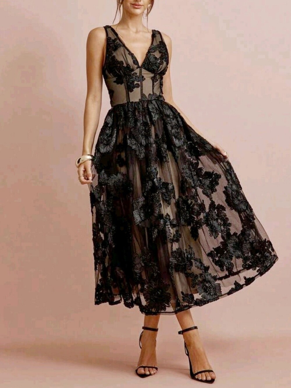 New Luxe Embroidered Floral Midi Dress Sleeveless Tan Black